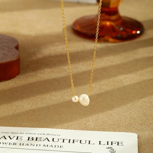 Women's 2 Gold Pearl Necklace 14k Gold Plated Dainty Pearl Necklace Choker - Picture 5 of 6